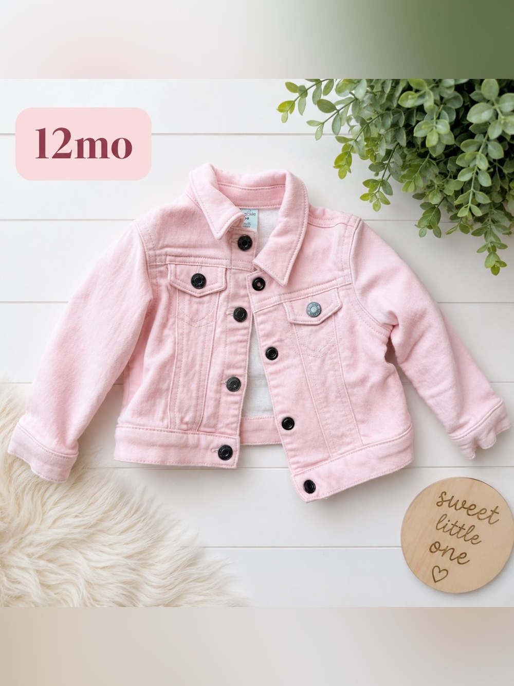 Okie Dokie Baby Girls Pink Denim Jacket 12M Button Front Jean Jacket
